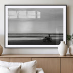 Motorcycle Beach Wall Art Canvas Print, Framed Vintage Motorcycle and Biker Silhouette