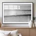 Black White Ocean Wall Art Canvas Print, Framed Coastal Sport and Ocean Swimmers Scene