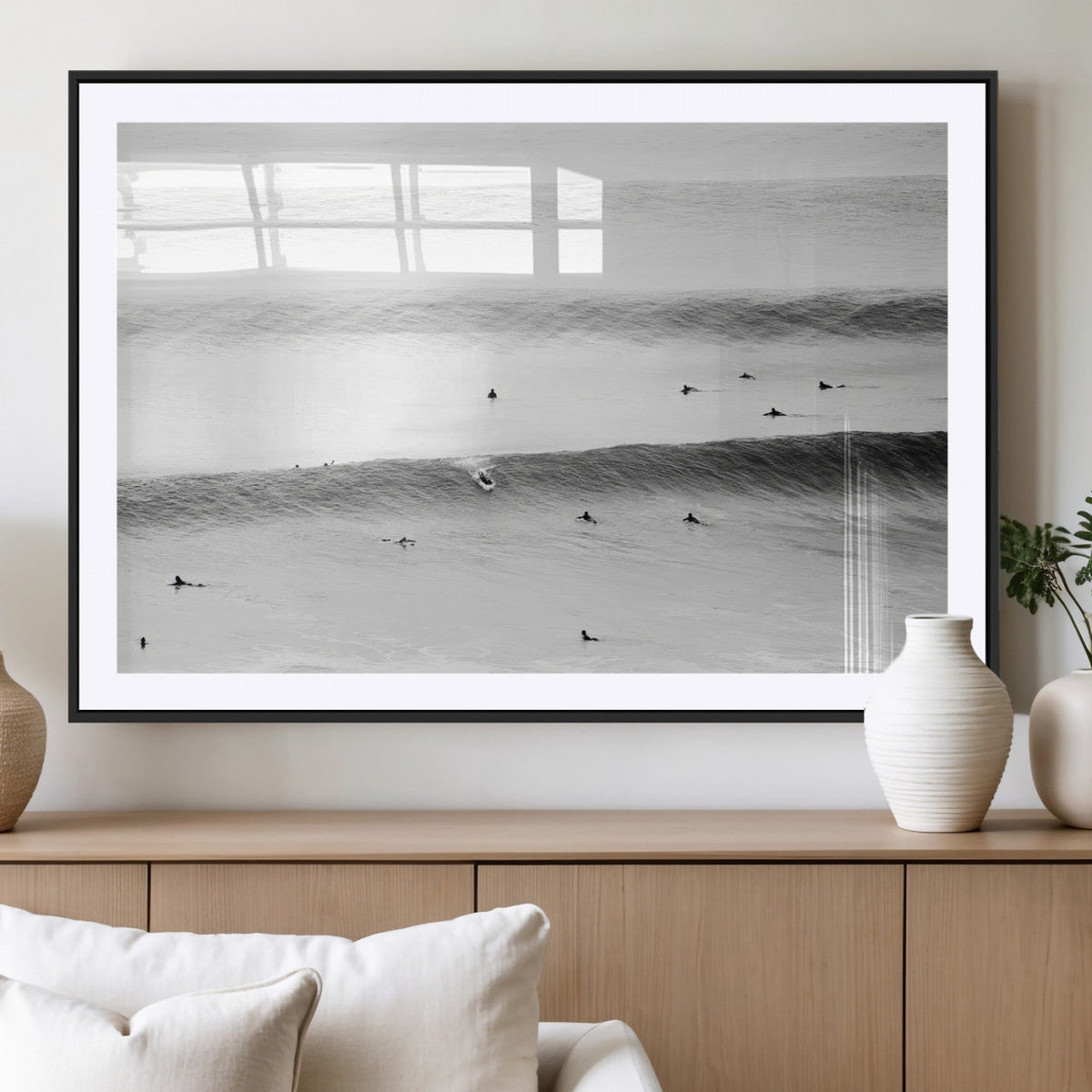 Black White Ocean Wall Art Canvas Print, Framed Coastal Sport and Ocean Swimmers Scene