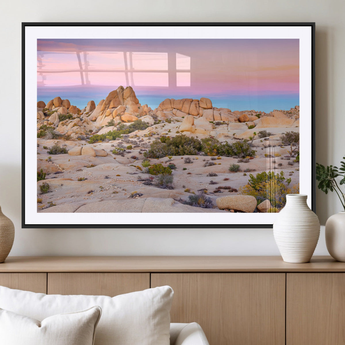 Vibrant Sunset Sky Wall Art Canvas Print, Framed Joshua Tree Desert Artwork