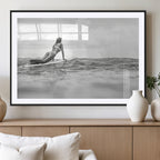 Black and White Surfing Wall Art Canvas Print, Framed Ocean Horizon Surfer Girl