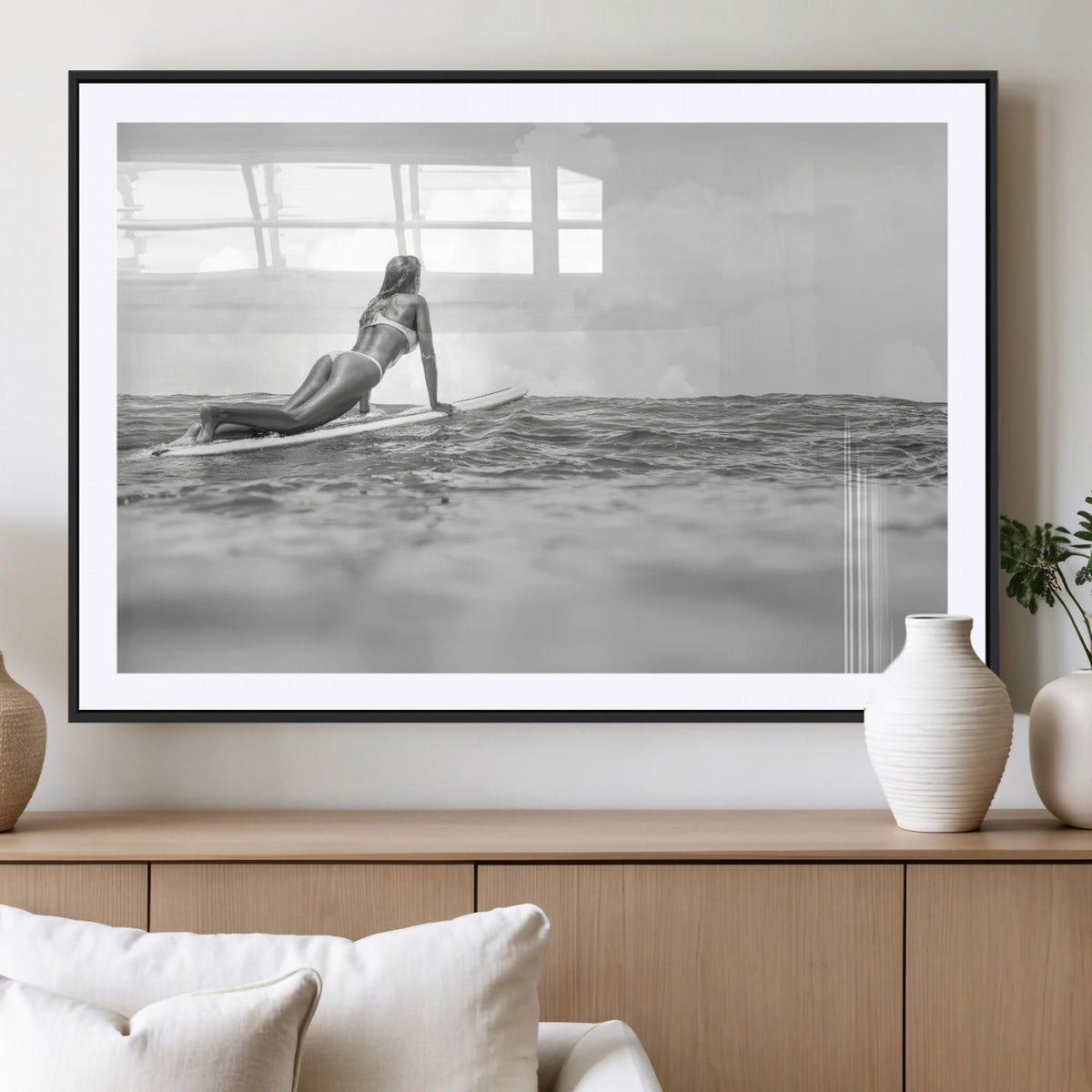 Black and White Surfing Wall Art Canvas Print, Framed Ocean Horizon Surfer Girl