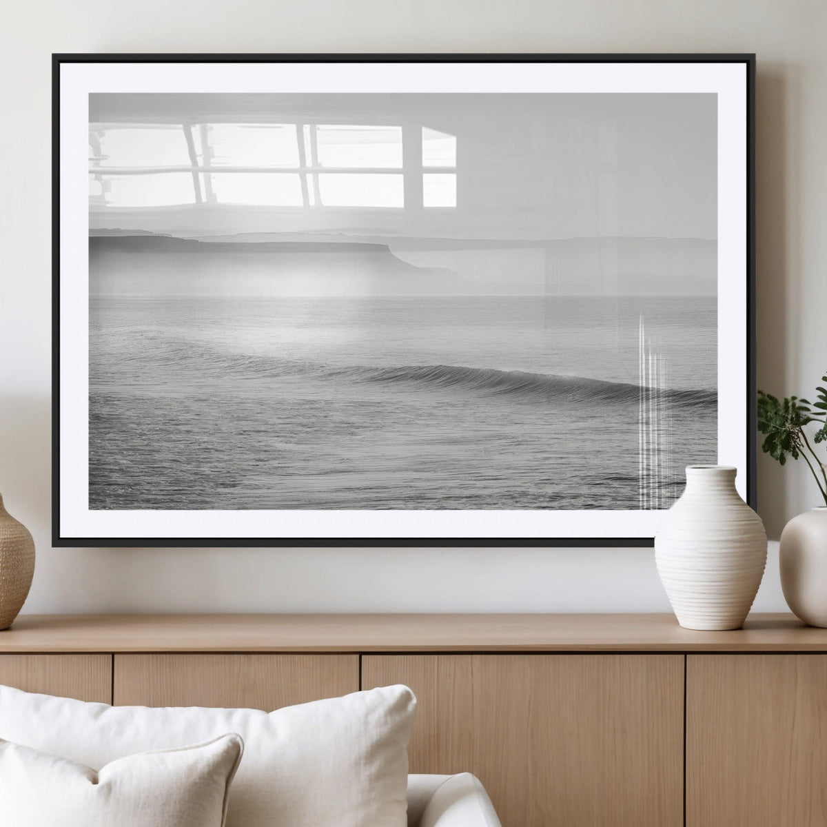 Black and White Seascape Wall Art Canvas Print, Framed Misty Ocean Waves