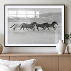 Wild Horses Running Wall Art Canvas Print, Framed Black White Mustangs Artwork