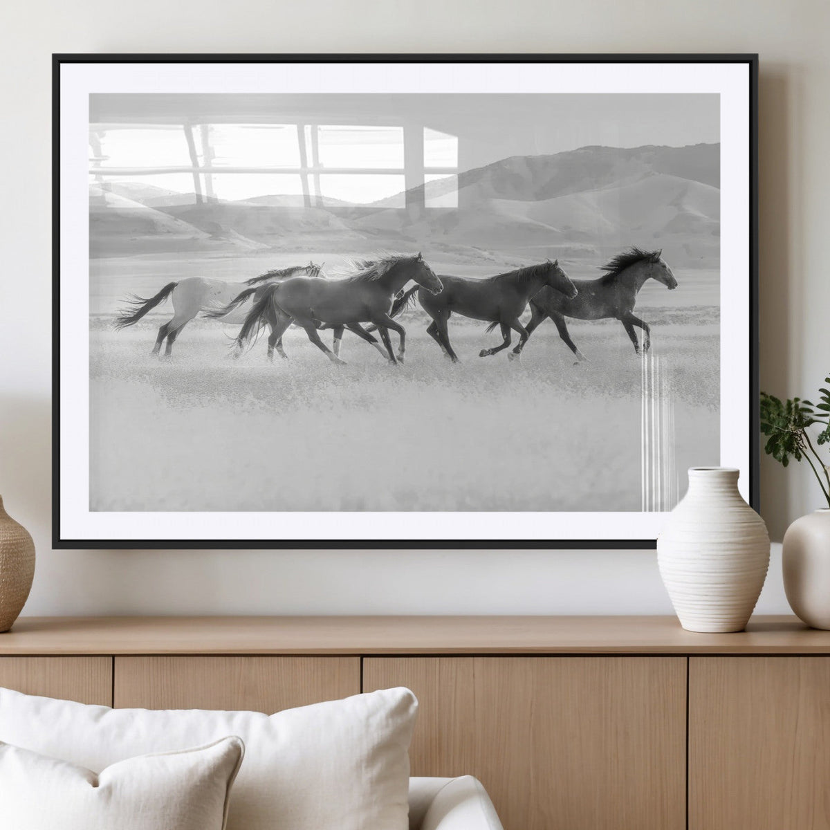 Wild Horses Running Wall Art Canvas Print, Framed Black White Mustangs Artwork
