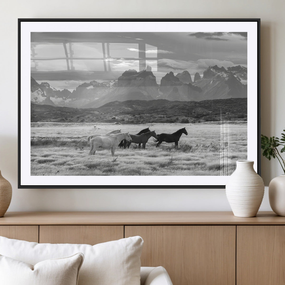 Wild Horses Wall Art | Framed Black White Mountain Canvas