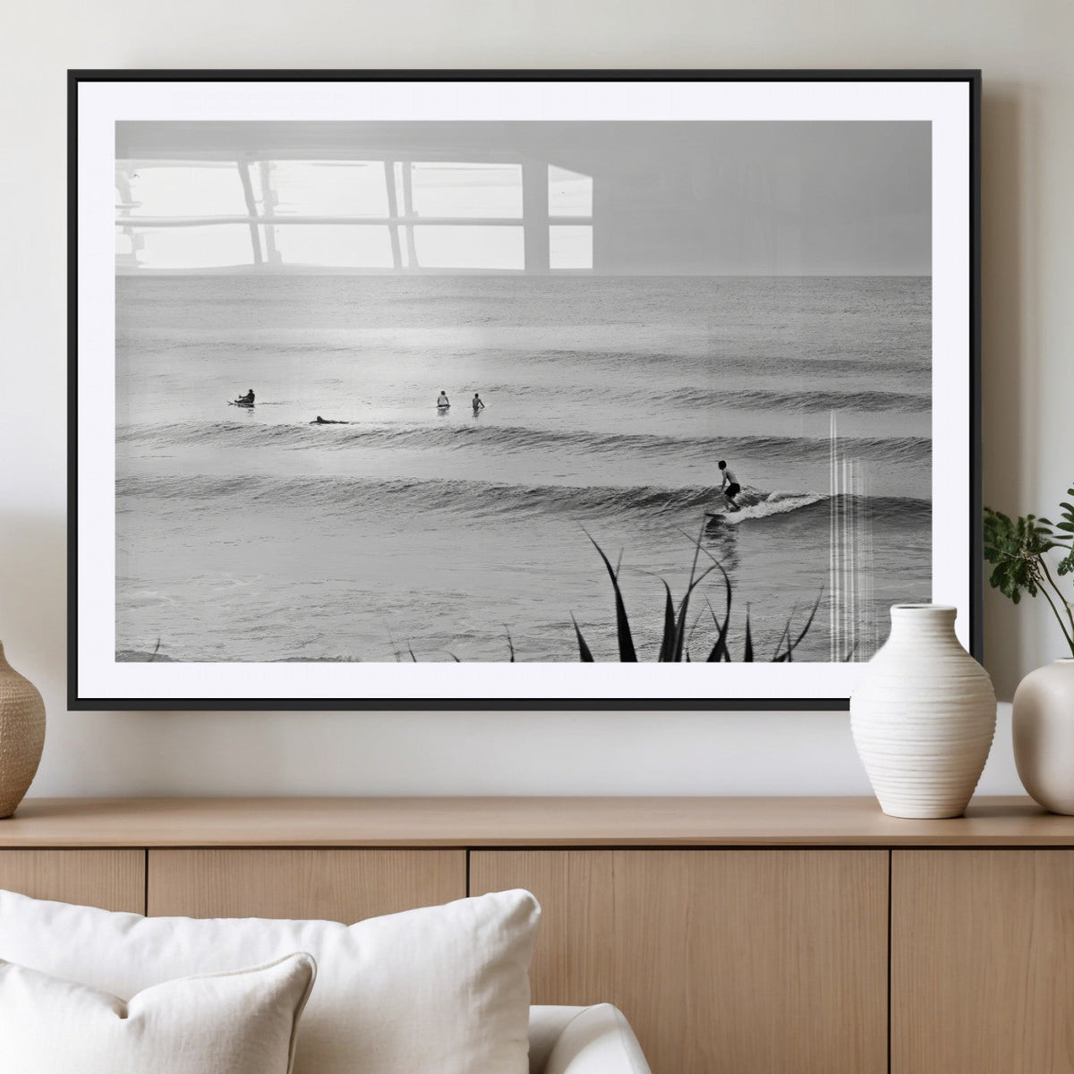 Surfer Silhouette Wall Art Canvas Print, Framed Calm Ocean Monochrome Surf