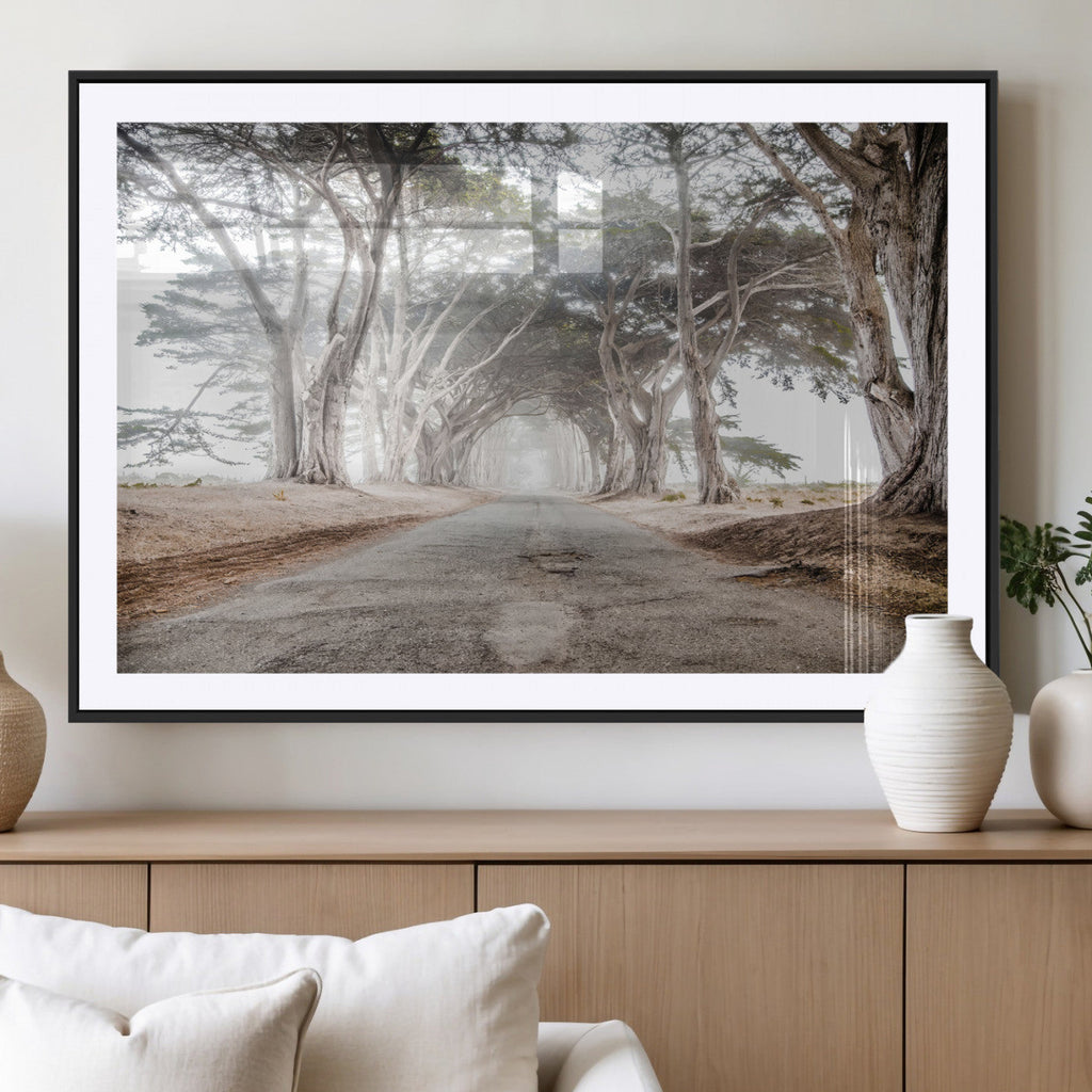 Cypress Tunnel Wall Art | Framed Misty Road Canvas Artwork
