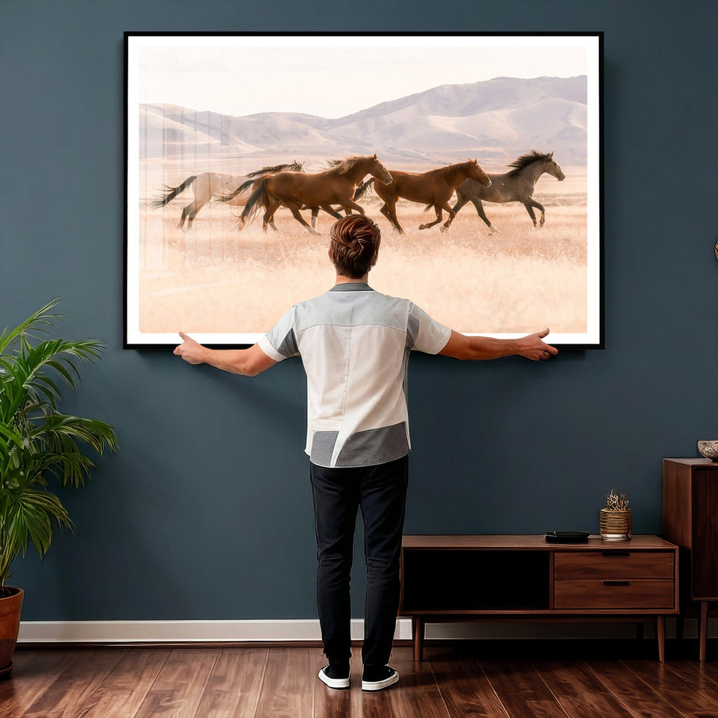 Wild Horse Wall Art Canvas Print, Framed Rustic Western Art, Desert Horse Scene