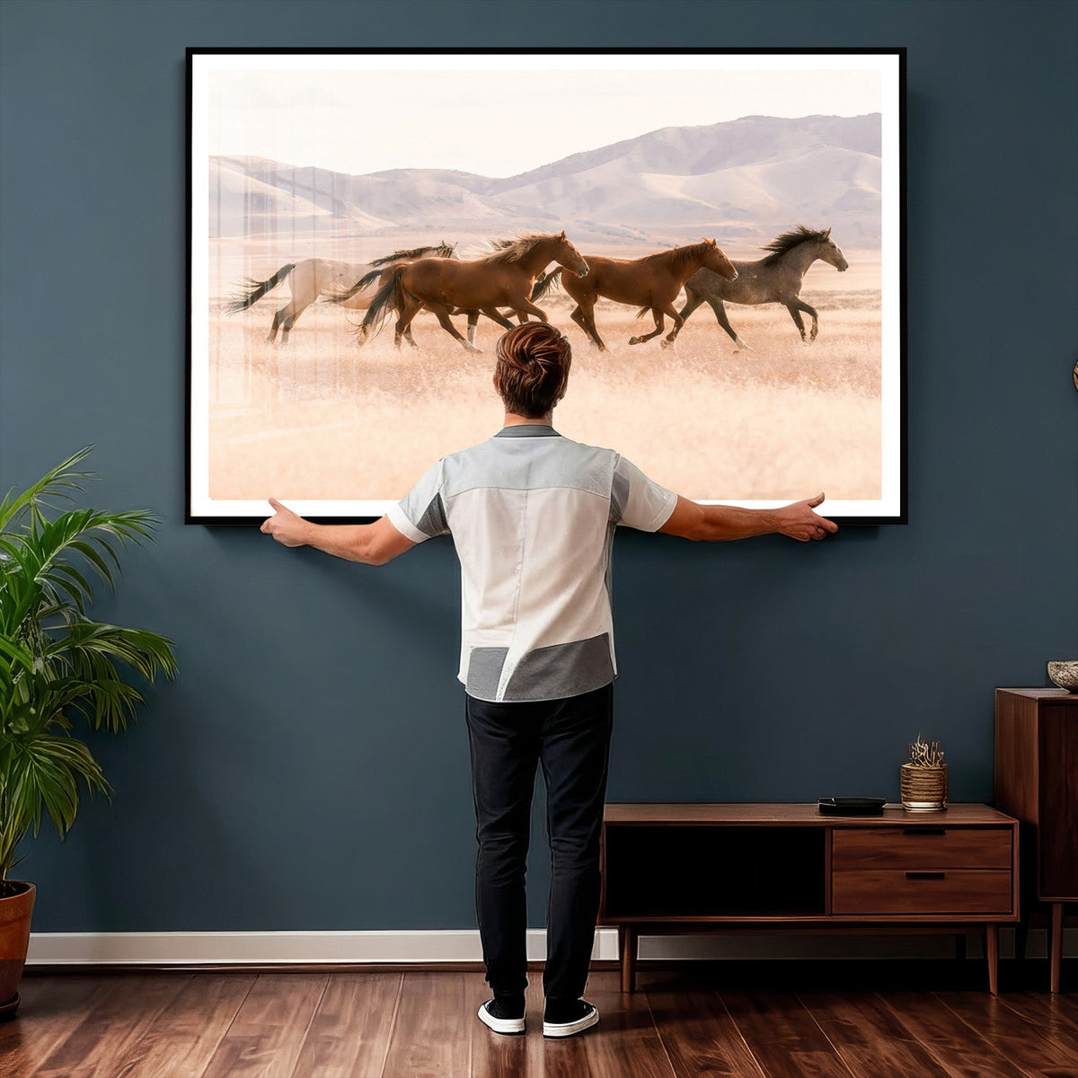 Wild Horse Wall Art Canvas Print, Framed Rustic Western Art, Desert Horse Scene