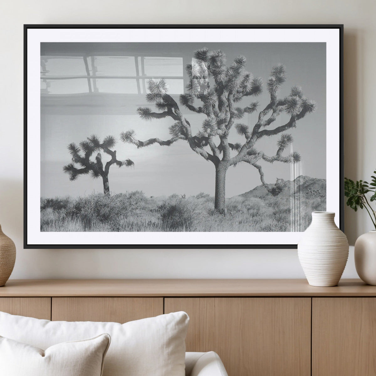 Joshua Tree Wall Art Canvas Print, Framed Black and White Desert Landscape Artwork