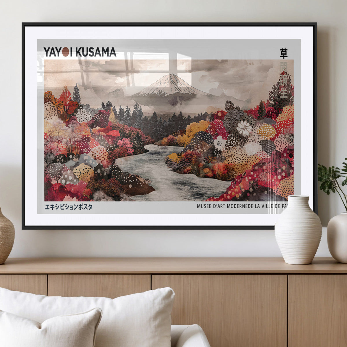 Modern Japanese Wall Art Canvas Print, Framed Abstract Mount Fuji Art, Yayoi Kusama Japanese Landscape