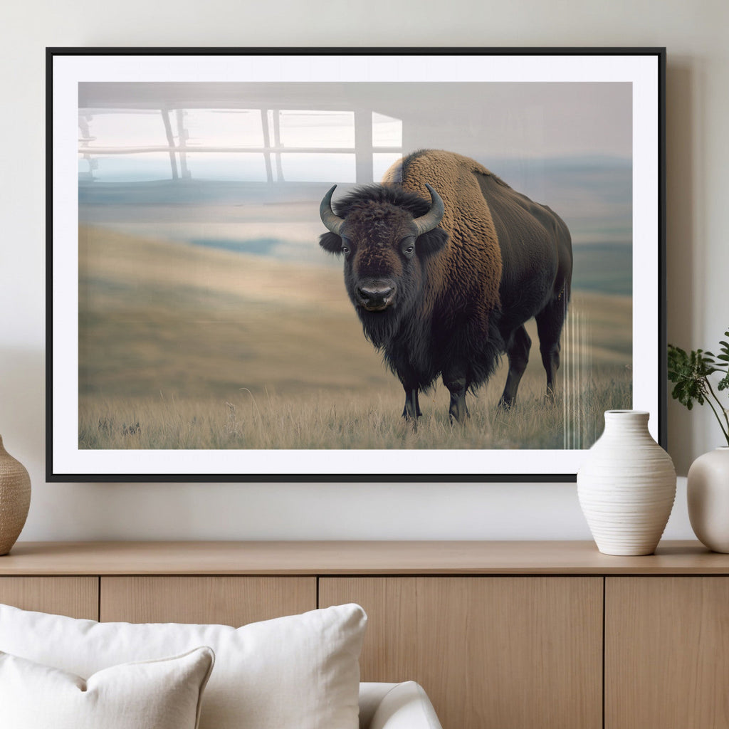 Bison Wall Art Canvas Print, Framed American Buffalo Rustic Western Artwork