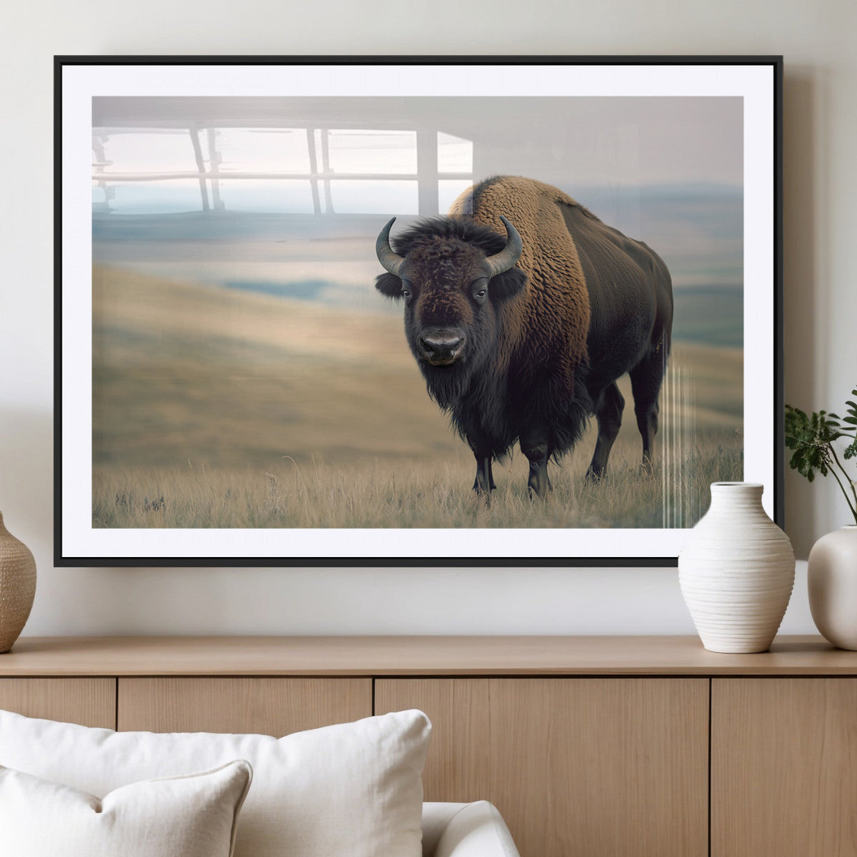Bison Wall Art Canvas Print, Framed American Buffalo Rustic Western Artwork