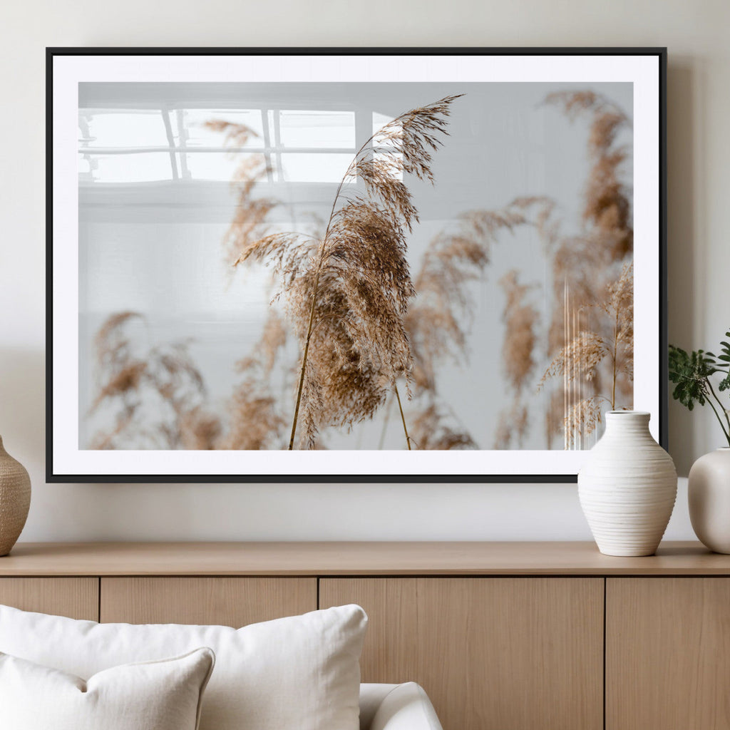 Pampas Grass Wall Art Canvas Print, Framed Neutral Tones Minimalist Boho