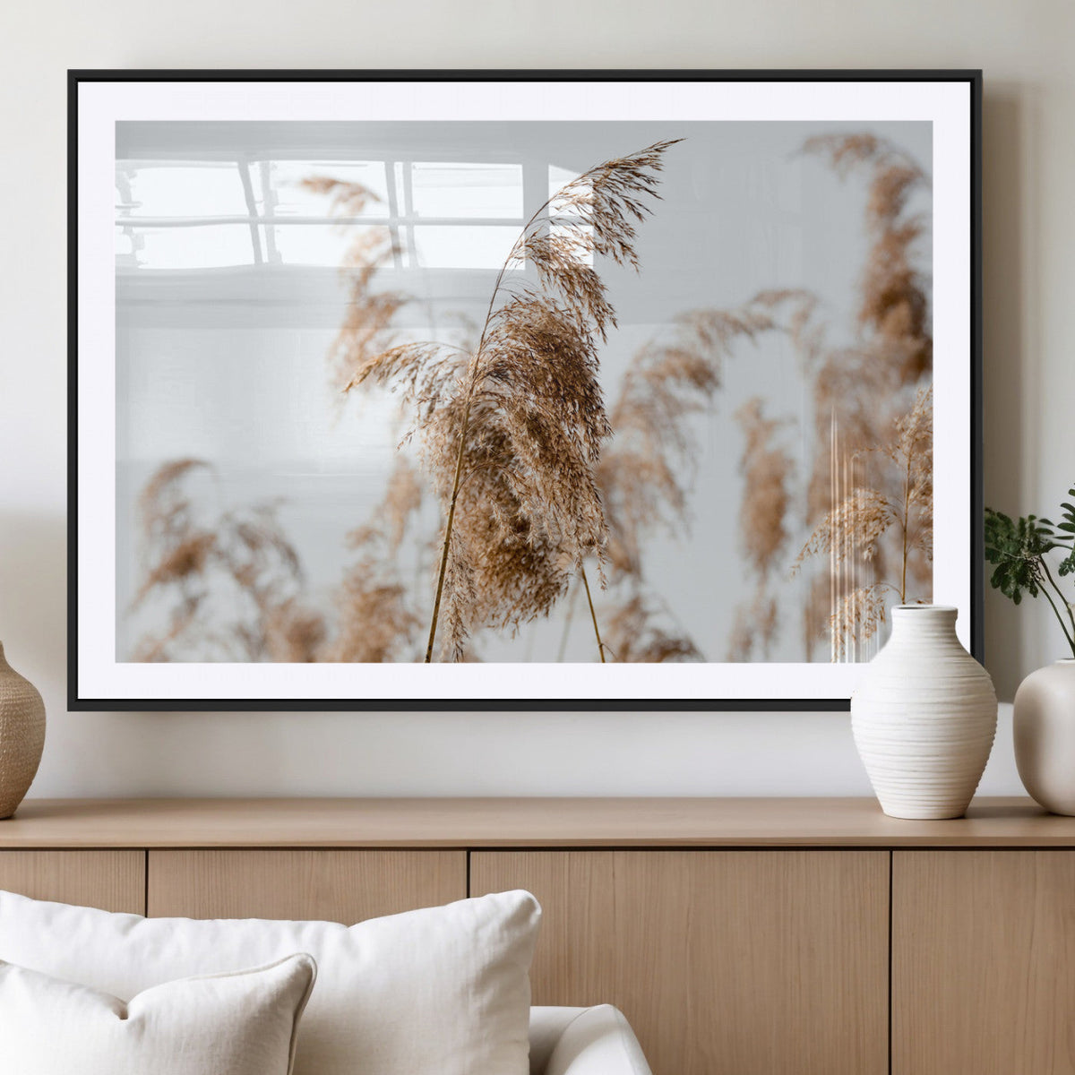 Pampas Grass Wall Art Canvas Print, Framed Neutral Tones Minimalist Boho