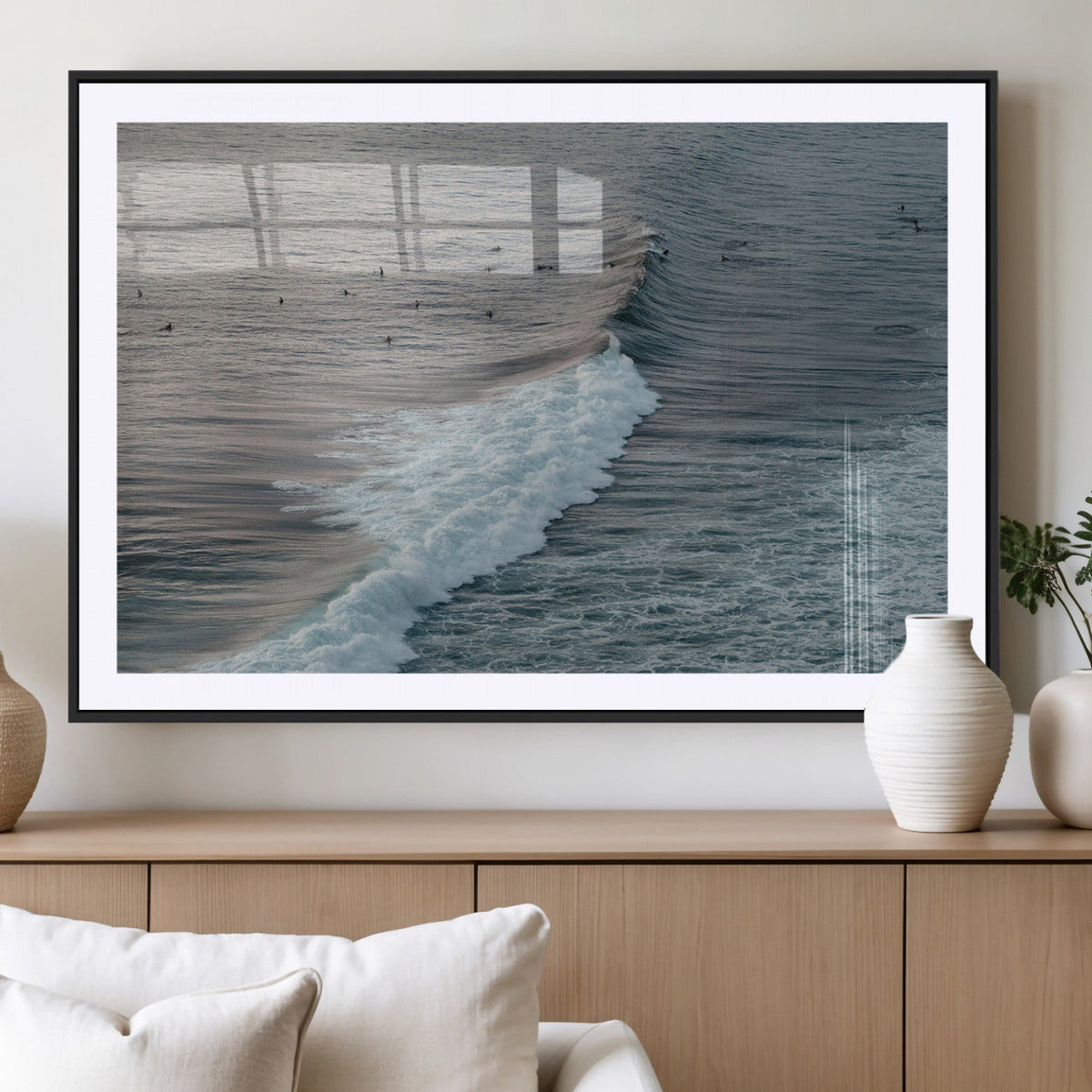 Ocean Waves Wall Art Canvas Print, Framed Coastal Serenity Surf Scene