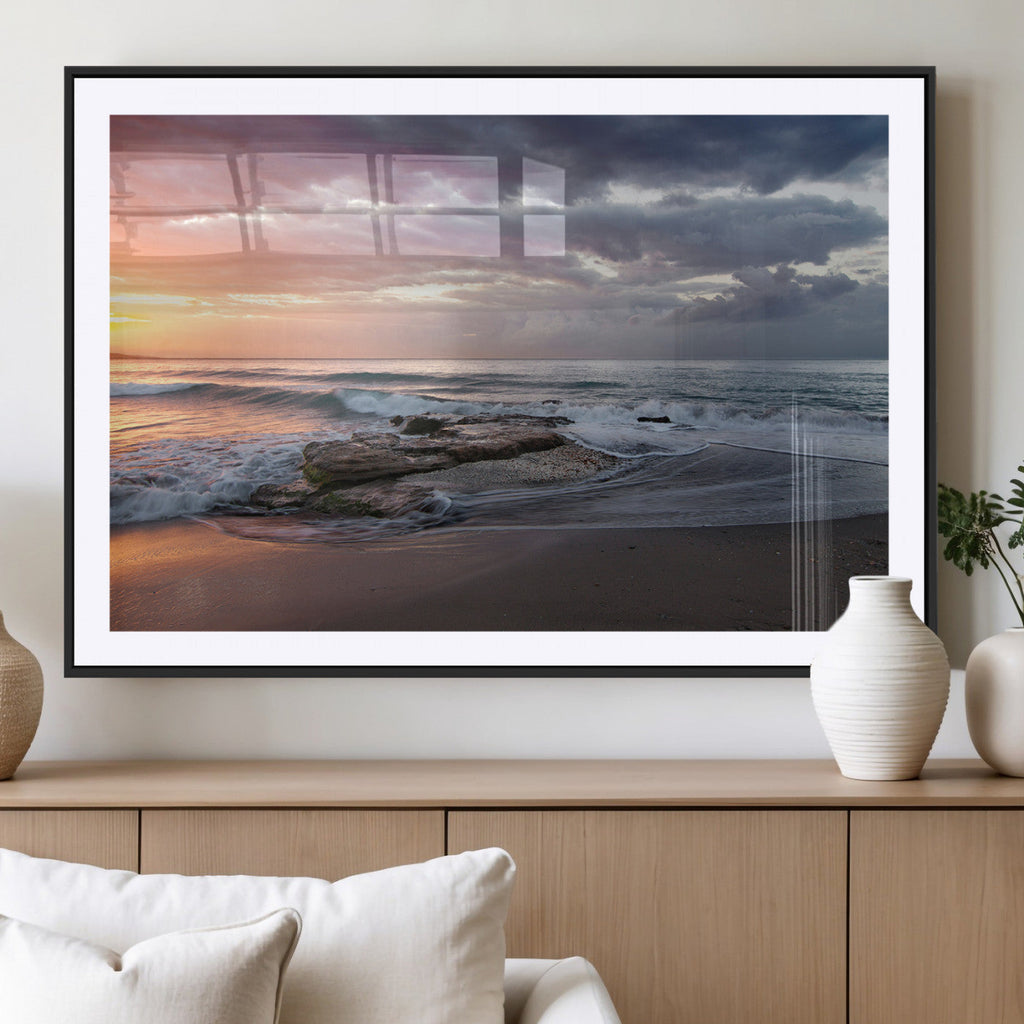 Golden Hour Wall Art Canvas Print, Framed Tranquil Waves Beach Sunset