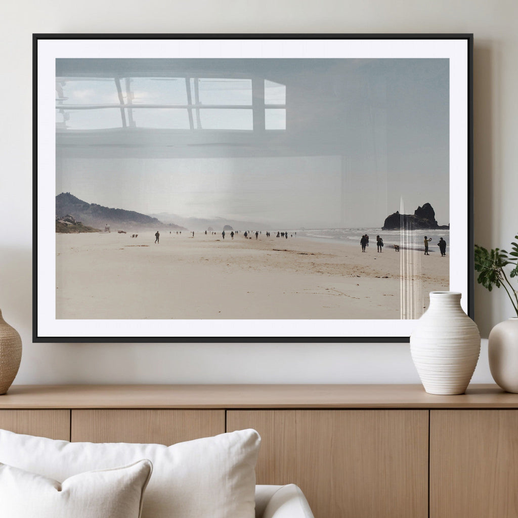 Minimalist Beach Wall Art Canvas Print, Framed Coastal Serenity Soft Sand
