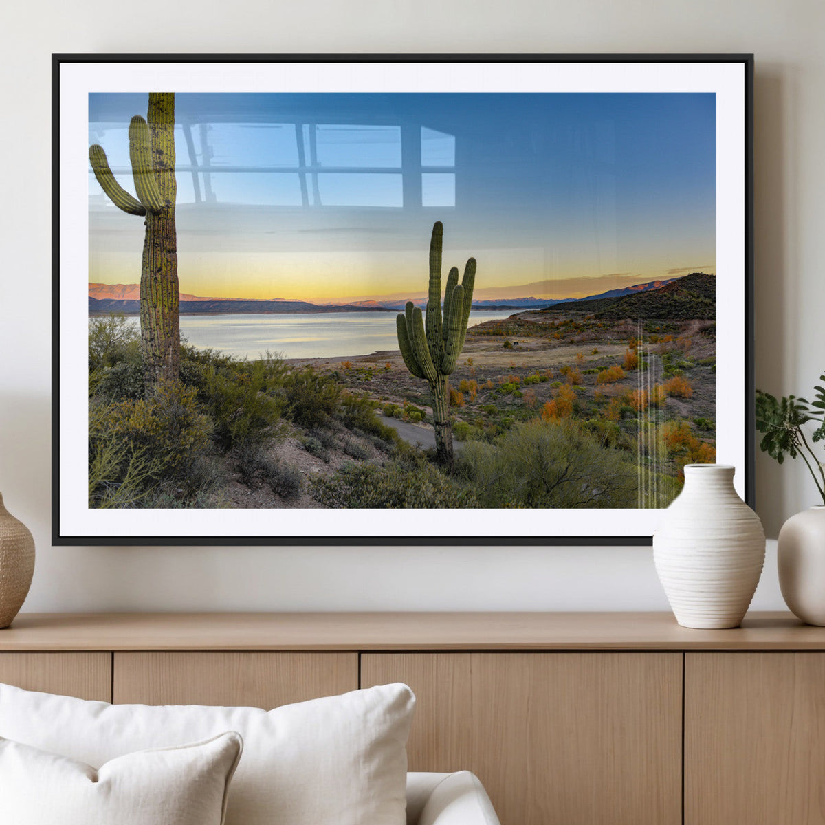 Saguaro Cactus Wall Art Canvas Print, Framed Desert Sunset Southwestern