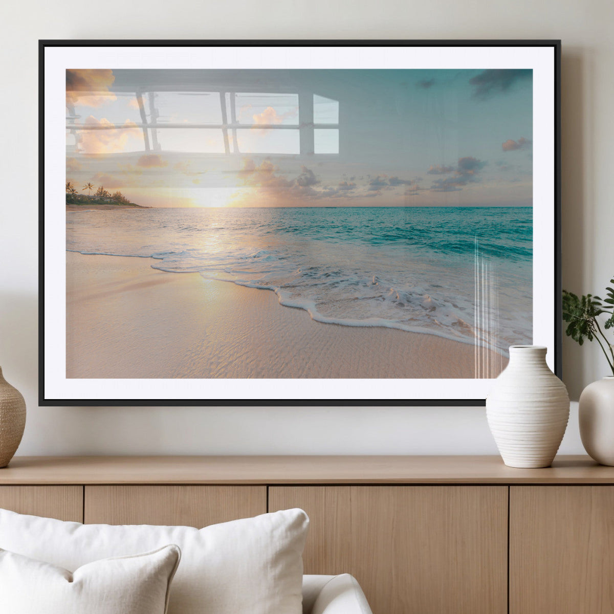 Beach Sunset Wall Art Canvas Print, Framed Ocean Waves Summer Escape