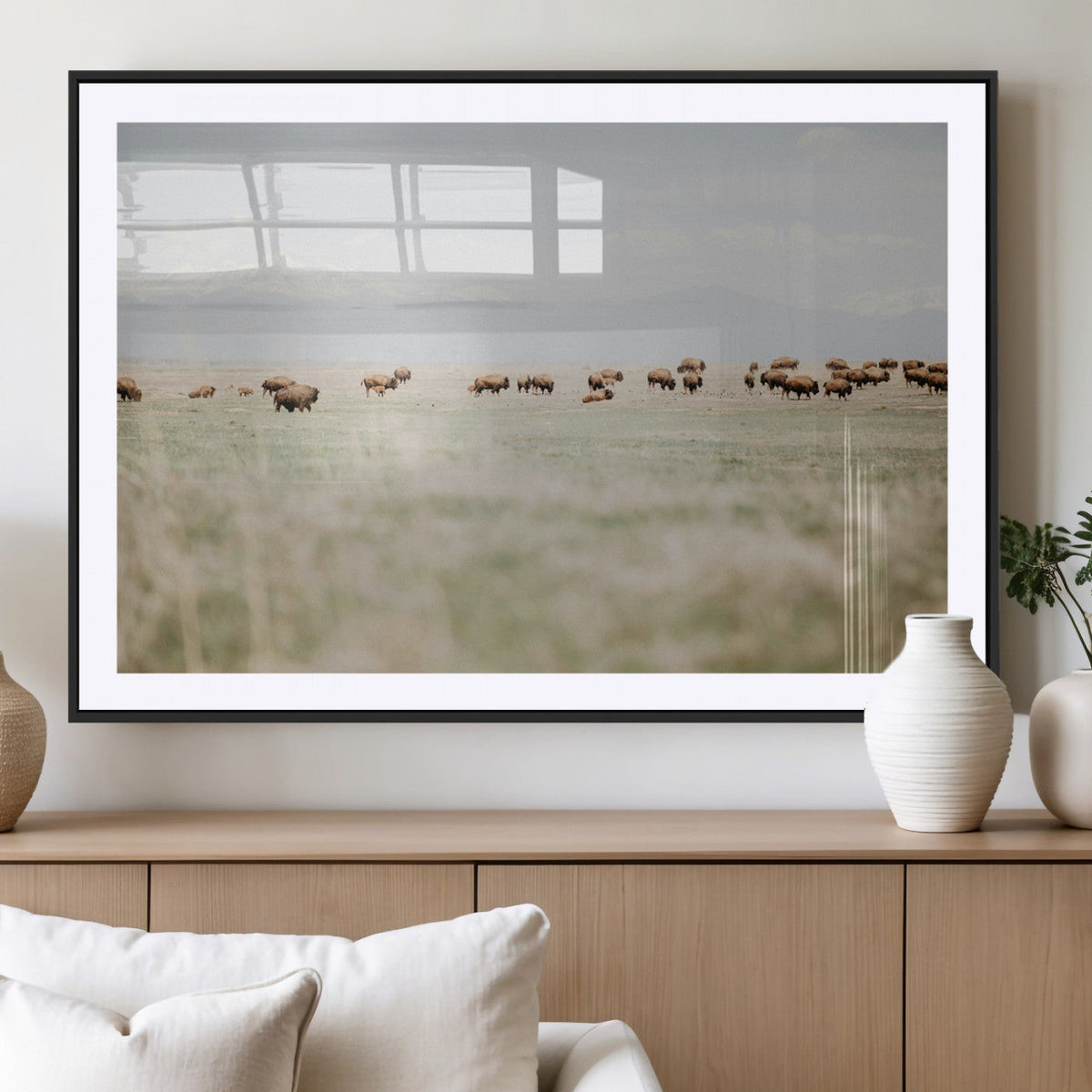 Bison Herd Wall Art Canvas Print, Framed Western Ranch Nature Scene