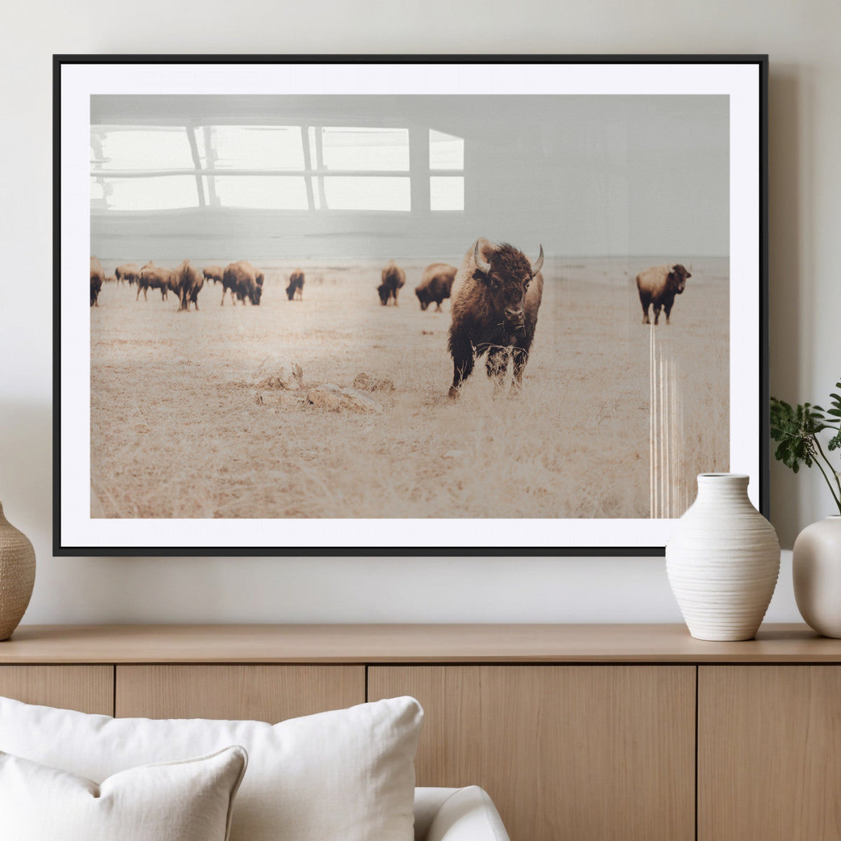 Bison Herd Wall Art Canvas Print, Framed Western Prairie Serenity