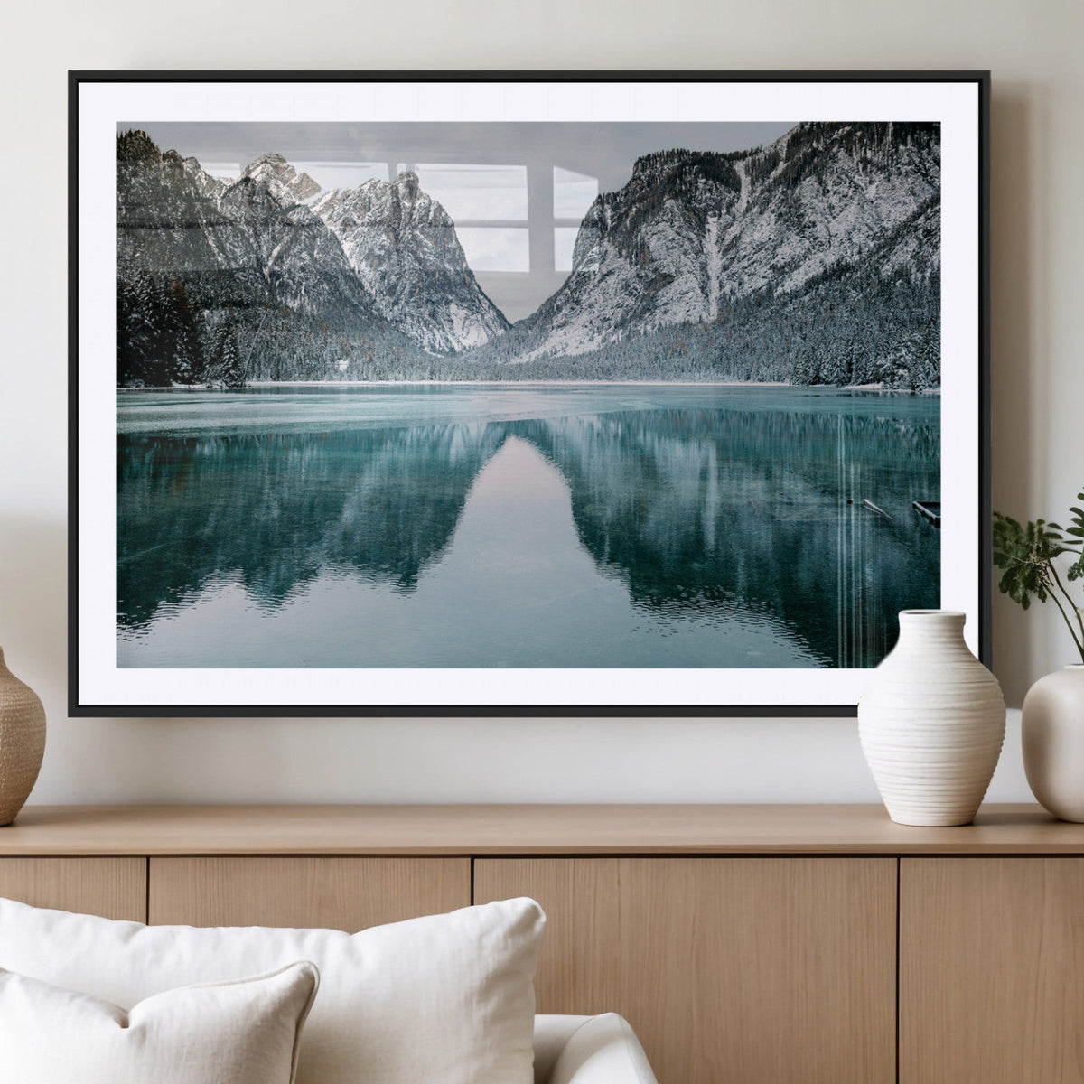 Mountain Lake Wall Art Canvas Print, Framed Toblacher See Winter Wonderland