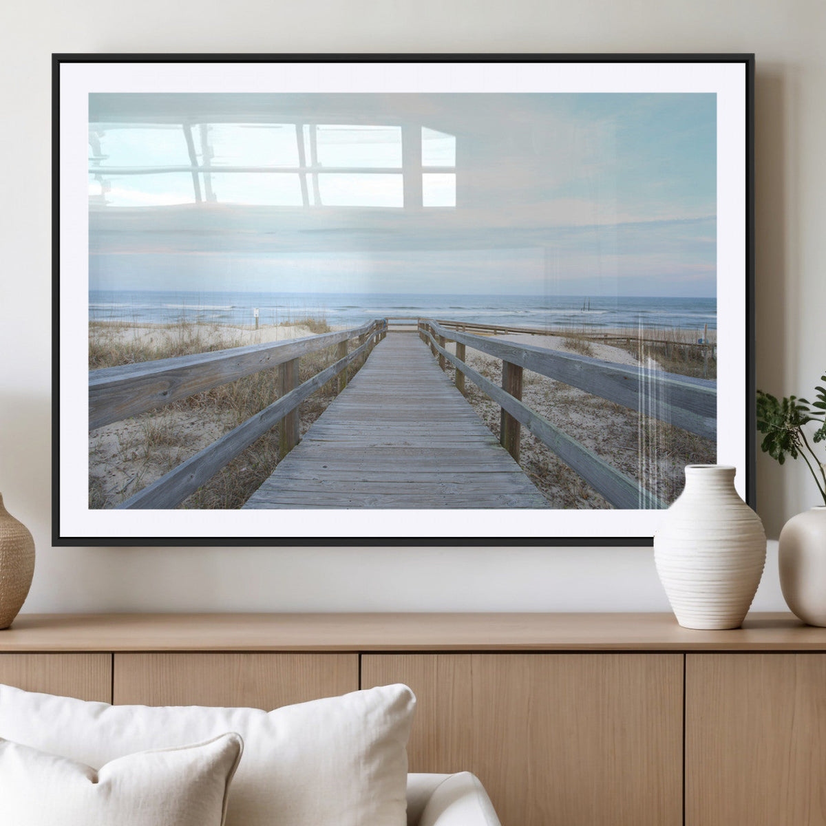 Beach Boardwalk Wall Art Canvas Print, Framed Coastal Serenity Ocean View