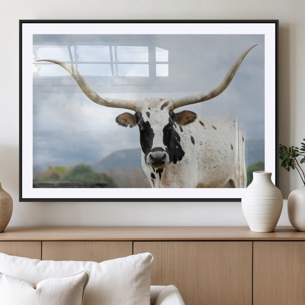 Texas Longhorn Wall Art Canvas Print, Framed Western Rustic Farmhouse