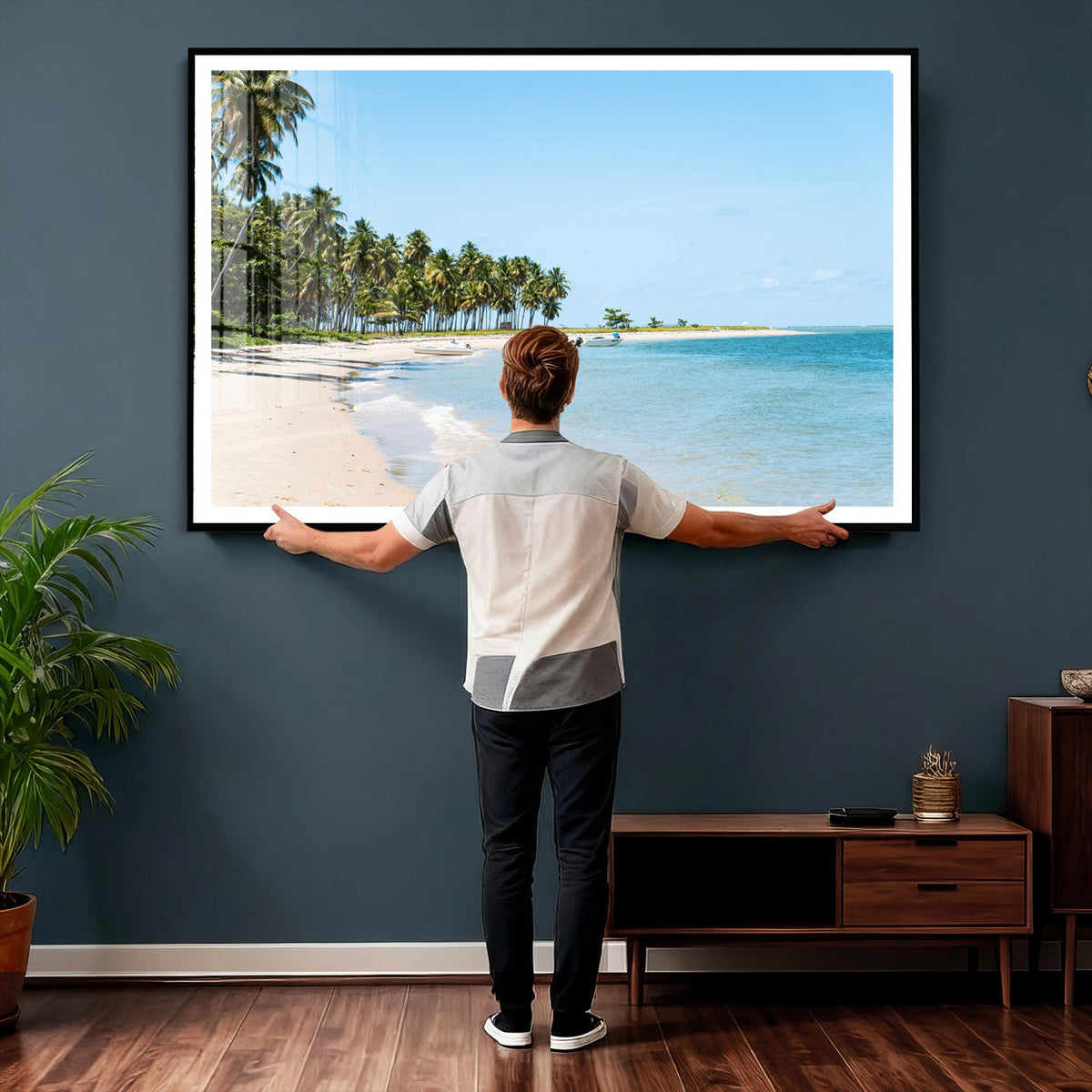 Palm Tree Coast Wall Art Canvas Print, Framed Island Getaway with Crystal Blue Water