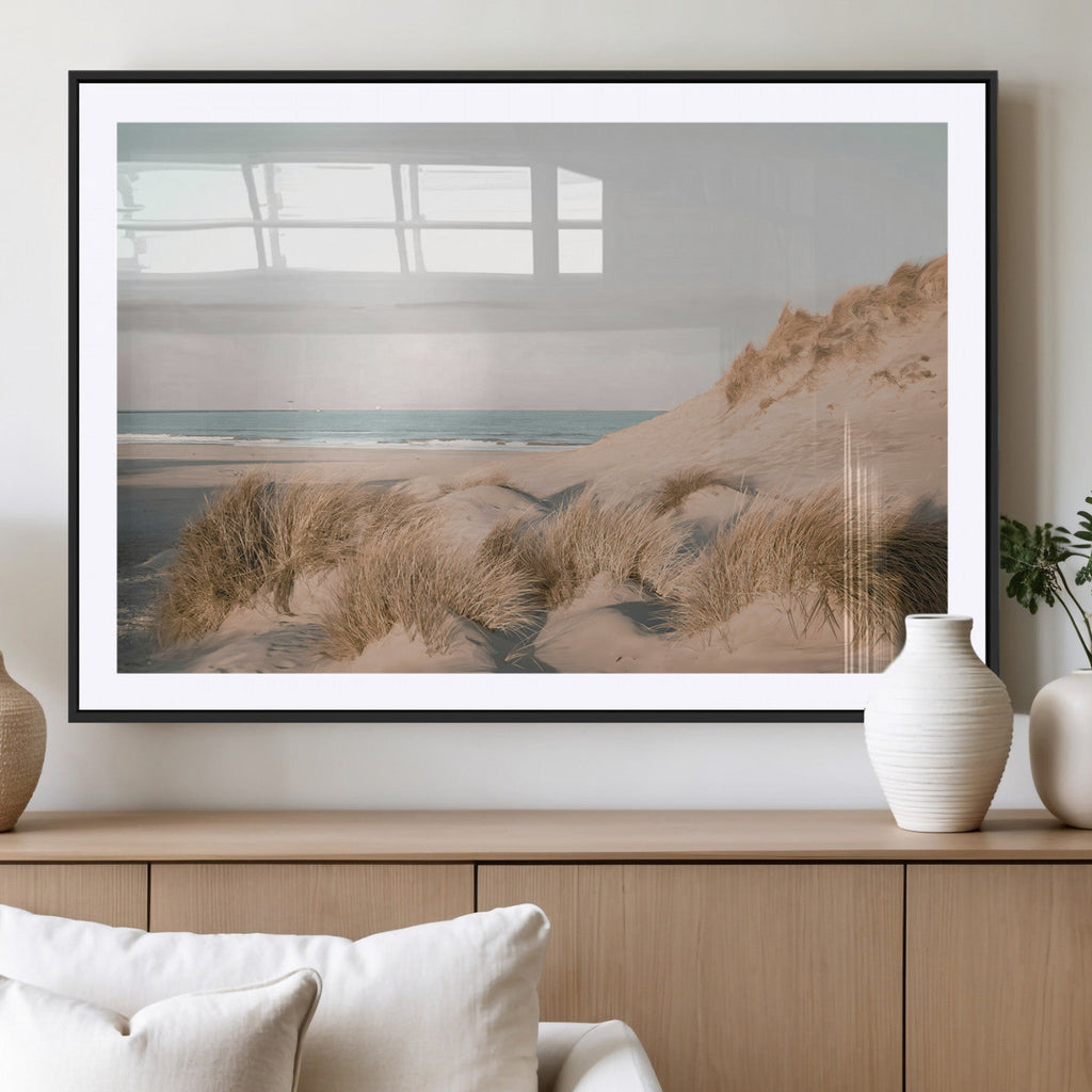 Beach Landscape Wall Art Canvas Print, Framed Sand Dune Photography, Minimalist Seascape Coastal Decor