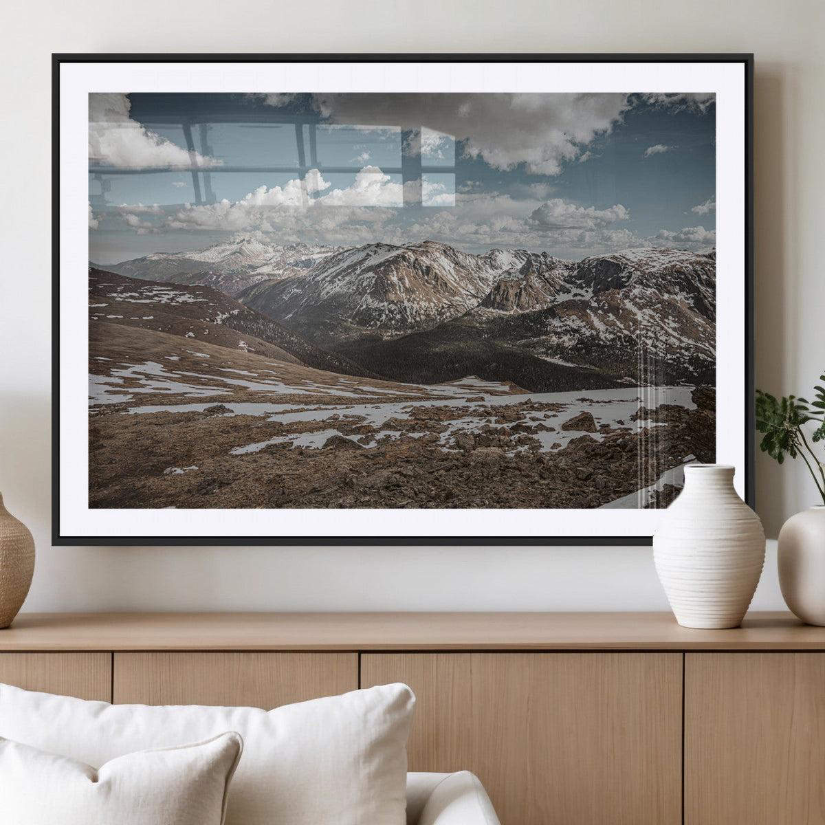 Mountain Landscape Wall Art Canvas Print, Framed Snowy Peaks Art, Rugged Highlands Rustic Adventure Decor