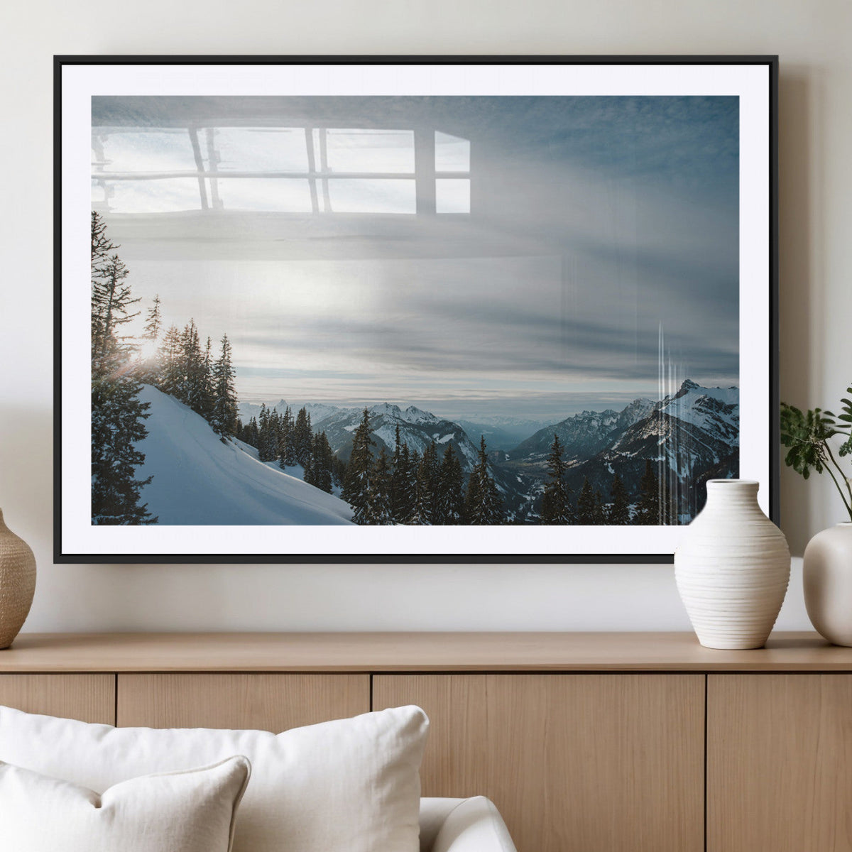 Snowy Mountains Wall Art Canvas Print, Framed Alpine Landscape Frosty Peaks Artwork
