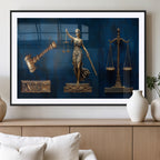 Lady Justice Wall Art Canvas Print, Elegant Gold Legal Symbols on Blue, Law Office Decor