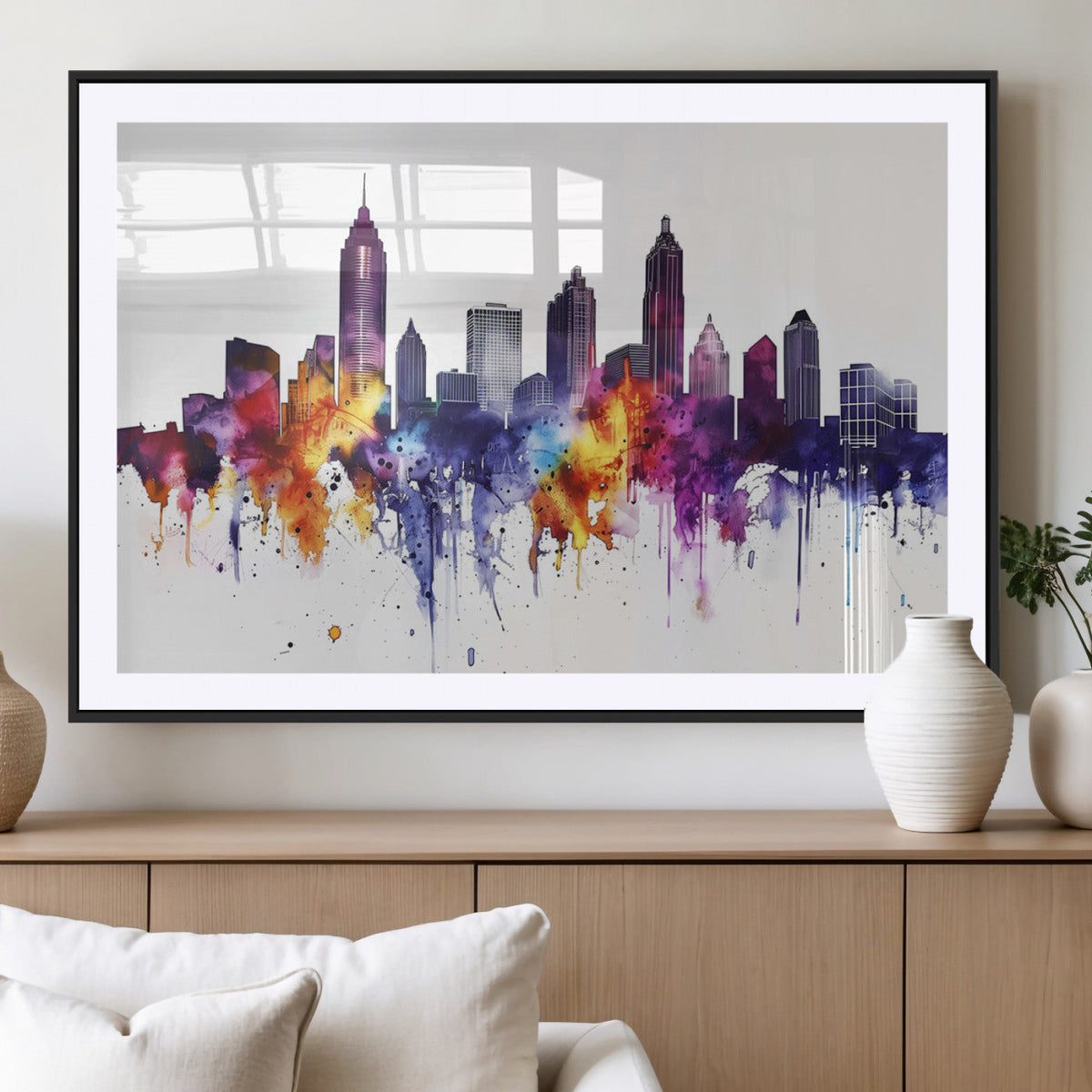Atlanta Skyline Wall Art Canvas Print, Framed Colorful Watercolor Cityscape