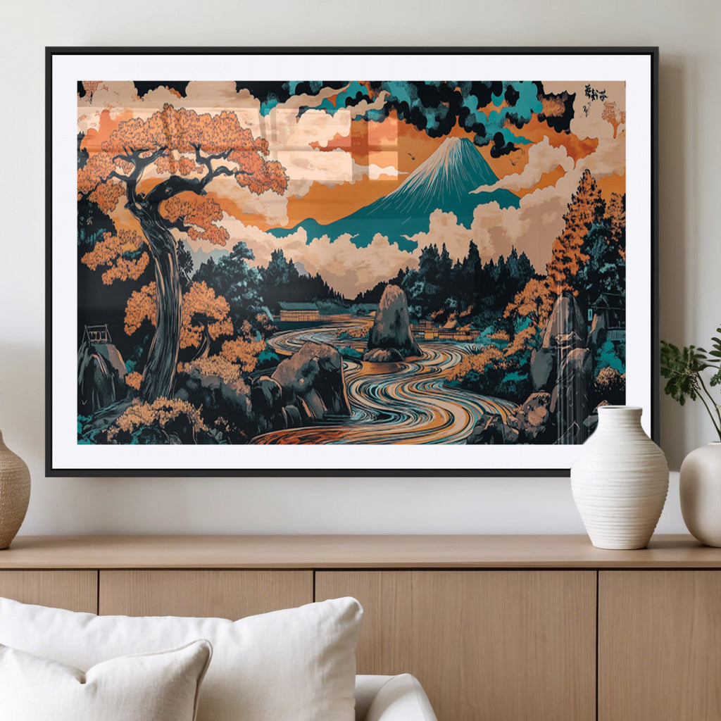 Japanese Landscape Wall Art Canvas Print, Mount Fuji with Flowing River and Autumn Trees
