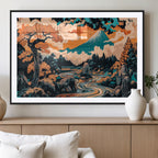 Japanese Landscape Wall Art Canvas Print, Mount Fuji with Flowing River and Autumn Trees