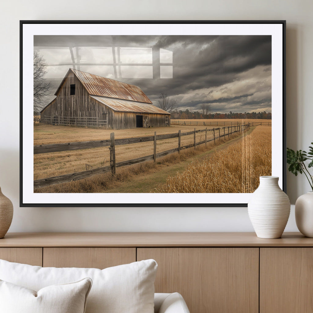Rustic Farm Barn Wall Art Canvas Print, Stormy Sky Country Decor