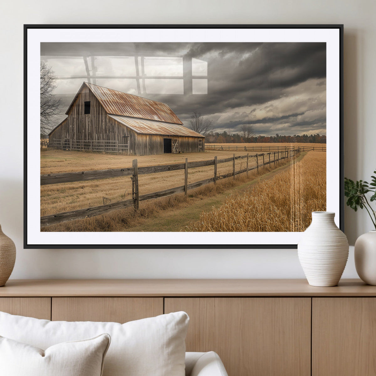 Rustic Farm Barn Wall Art Canvas Print, Stormy Sky Country Decor