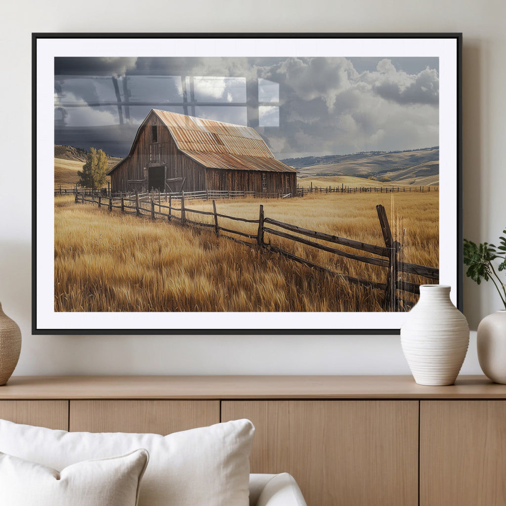 Golden Wheat Field Barn Canvas Print, Rustic Farm Landscape Under Dramatic Sky