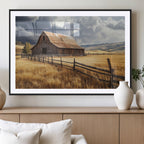 Golden Wheat Field Barn Canvas Print, Rustic Farm Landscape Under Dramatic Sky