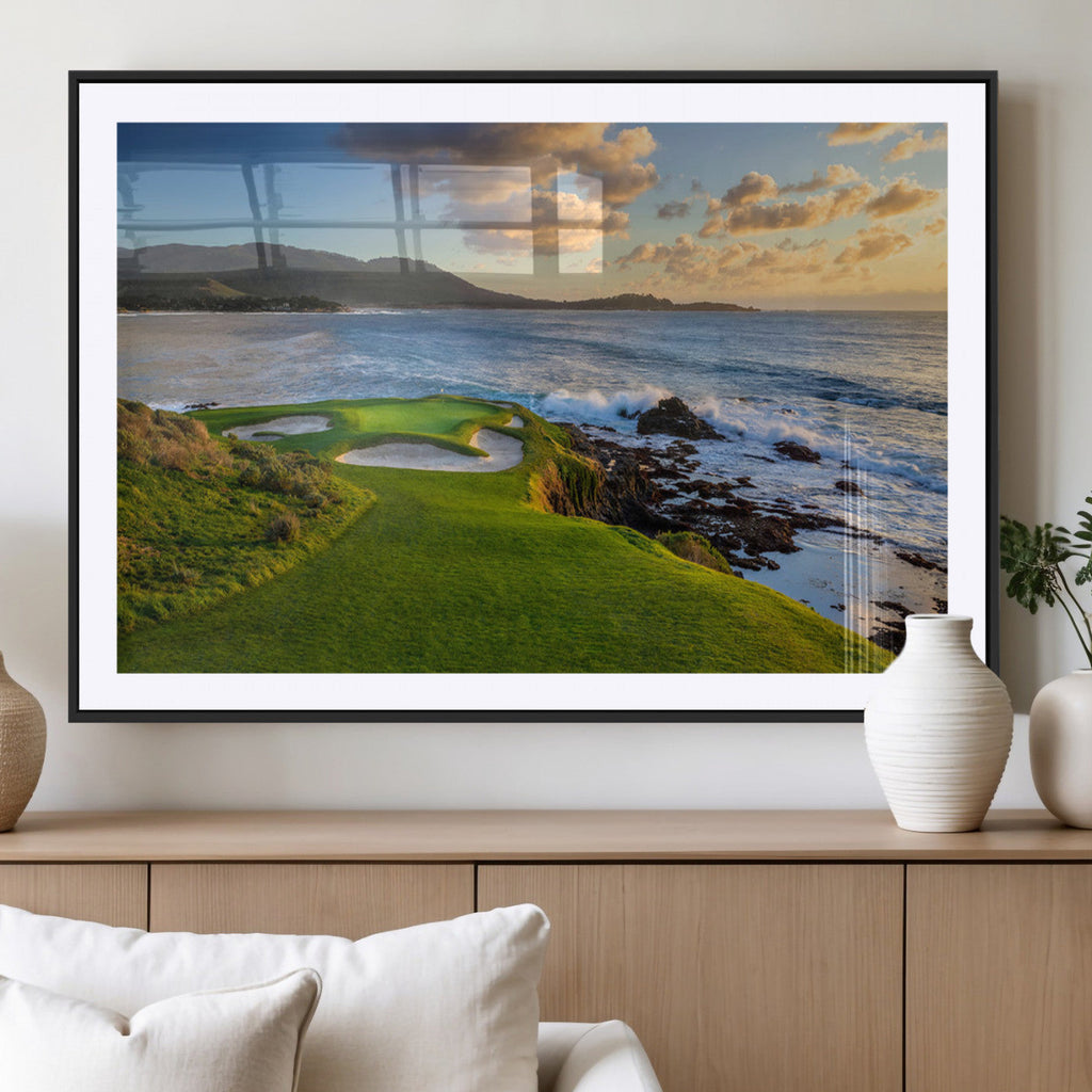 Coastal Golf Course Wall Art Canvas Print, Sunset with Rolling Green Fairways and Ocean Waves