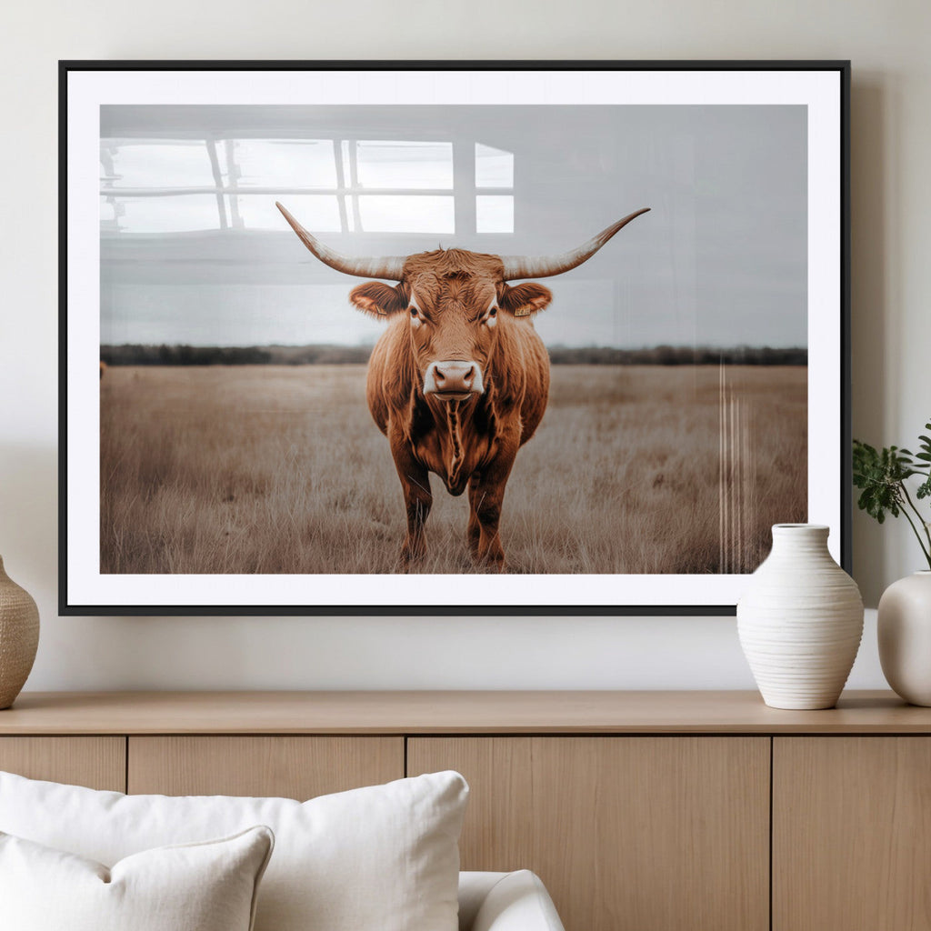 Longhorn Bull Wall Art Canvas Print, Framed Rustic Decor