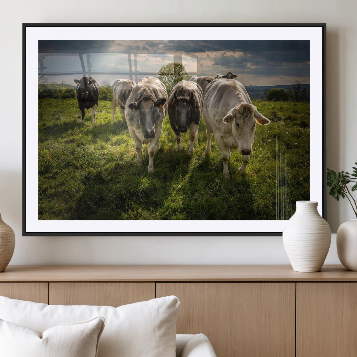 Grazing Cattle Herd Wall Art Canvas Print, Framed Green Pasture Farm Scene