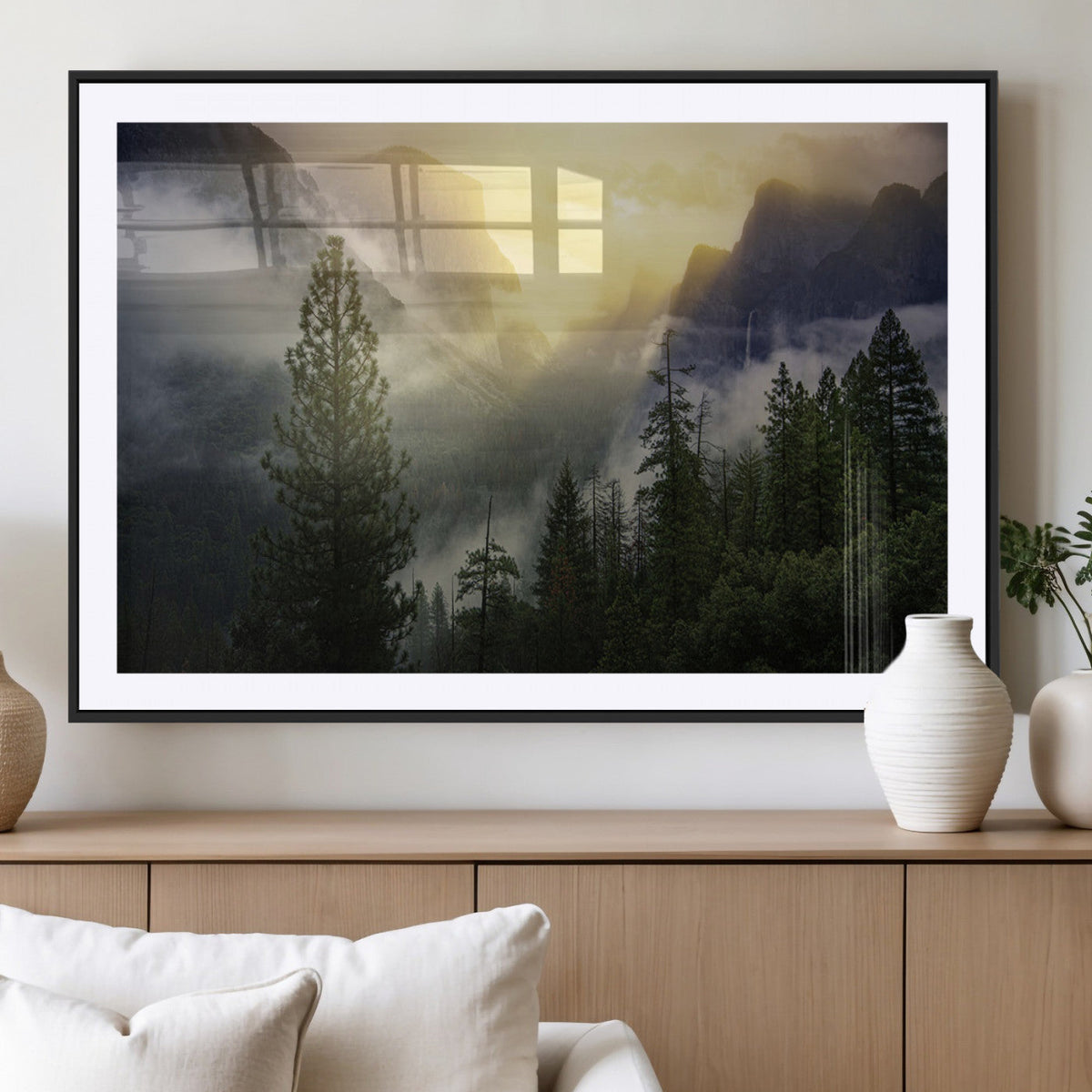 Misty Forest Sunrise Wall Art Canvas Print, Framed Mountain Valley Pine Trees