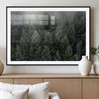 Misty Pine Forest Wall Art Canvas Print, Lush Green Trees Surrounded by Gentle Fog