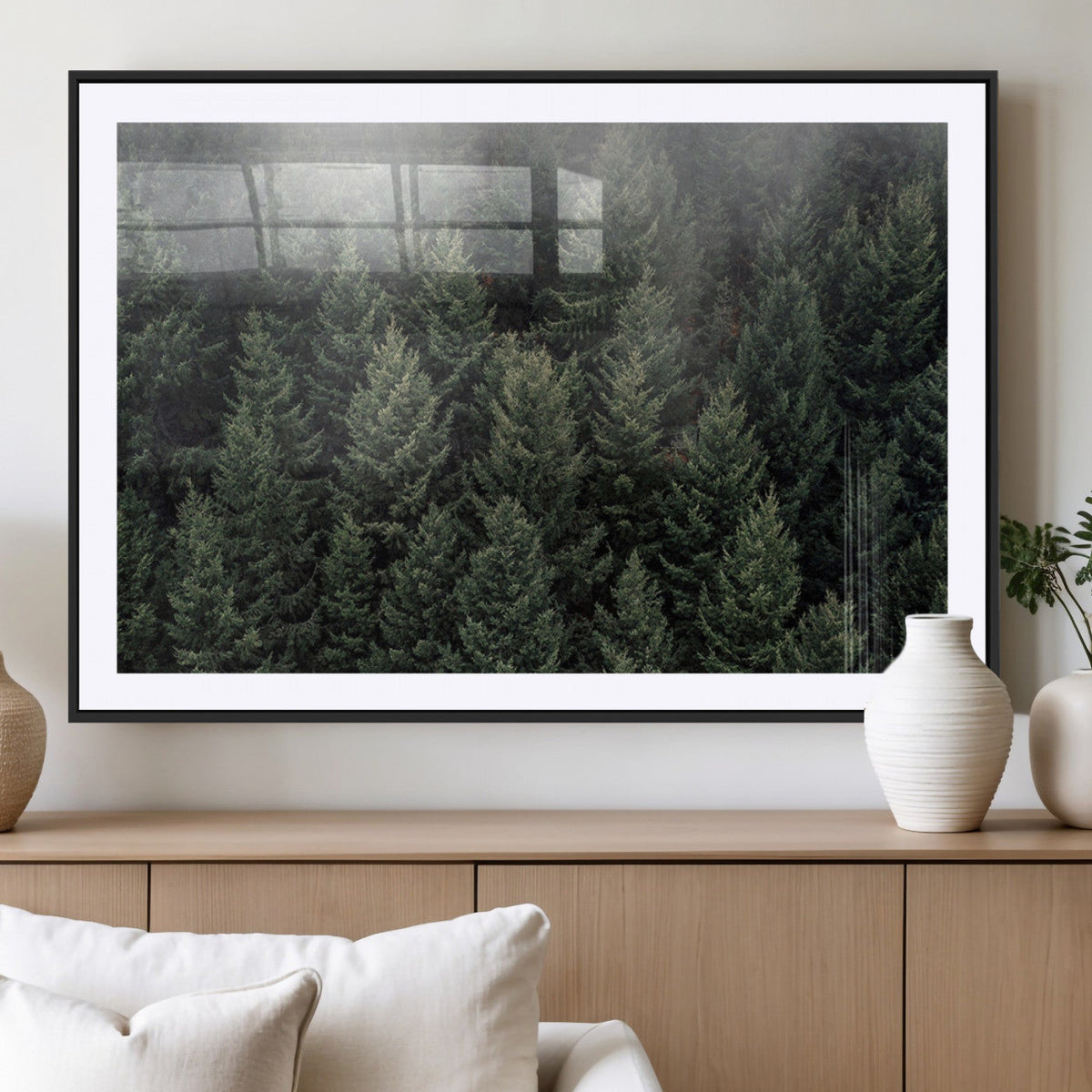 Misty Pine Forest Wall Art Canvas Print, Lush Green Trees Surrounded by Gentle Fog