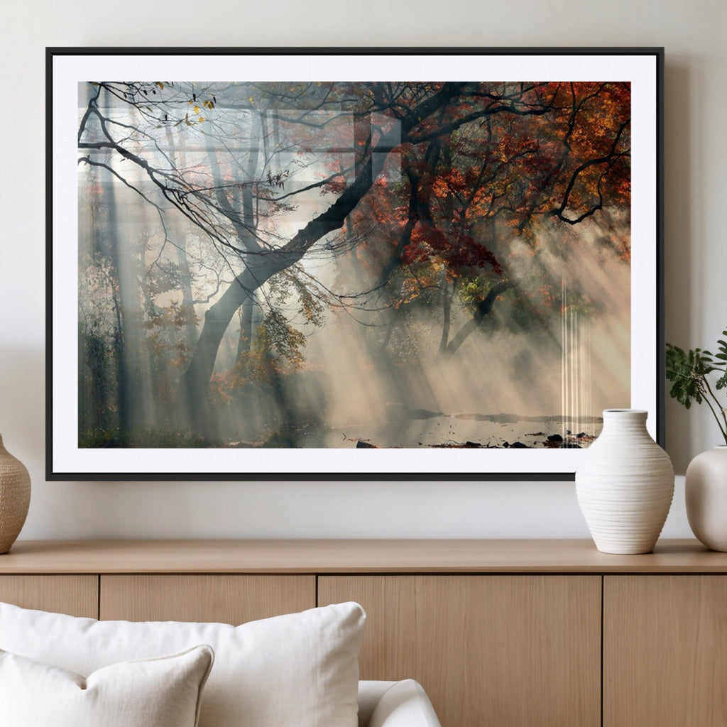 Sunlit Autumn Forest Wall Art, Misty Trees with Sun Rays, Peaceful Fall Landscape Canvas Print
