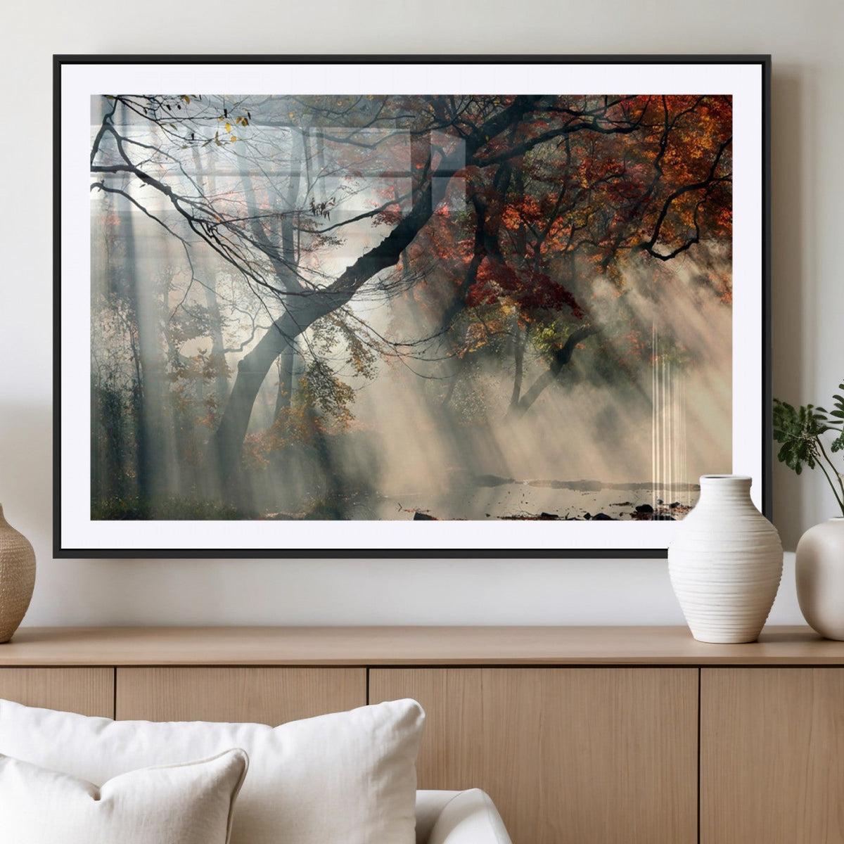 Sunlit Autumn Forest Wall Art, Misty Trees with Sun Rays, Peaceful Fall Landscape Canvas Print